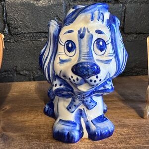 Blue and White Ceramic Dog Figurine